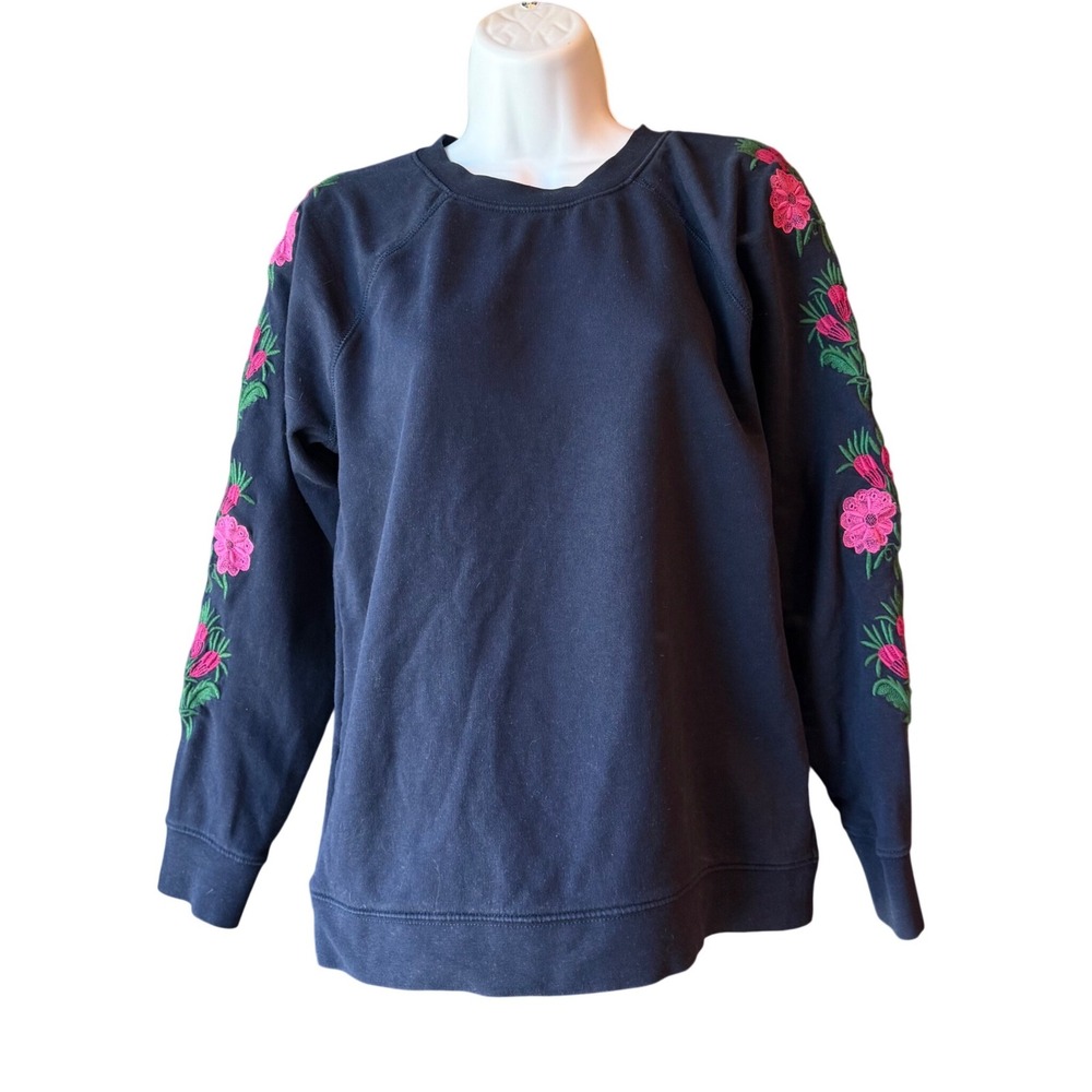 J Crew Floral Embroidered Sweatshirt Navy Pink Women's Size Small